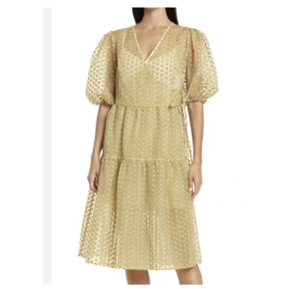 NWT Topshop‎ Daisy Print Wrap Dress – Mesh Puff Sleeve Springcore – Size 10